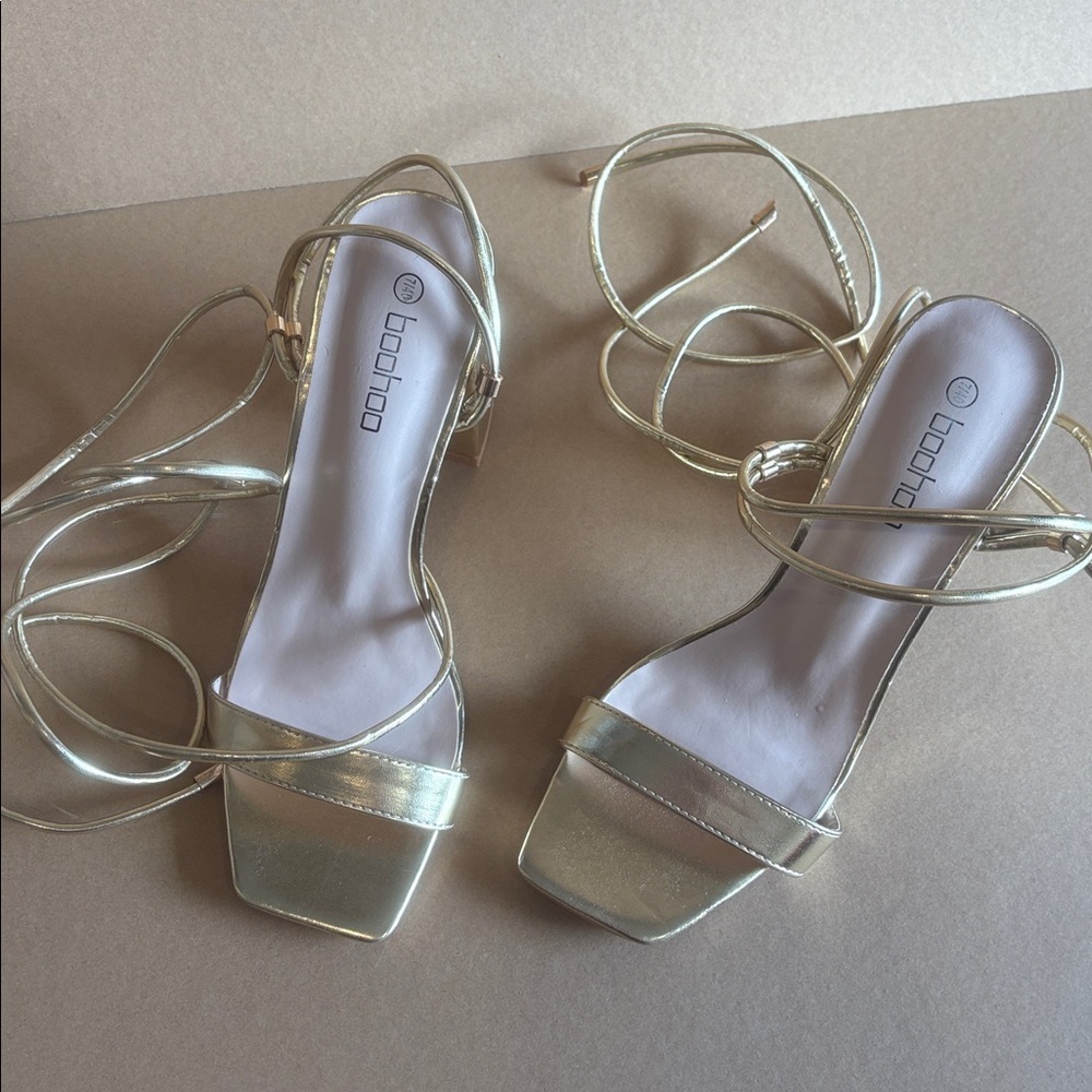 Metallic Gold lace-up heeled sandals 4" heel